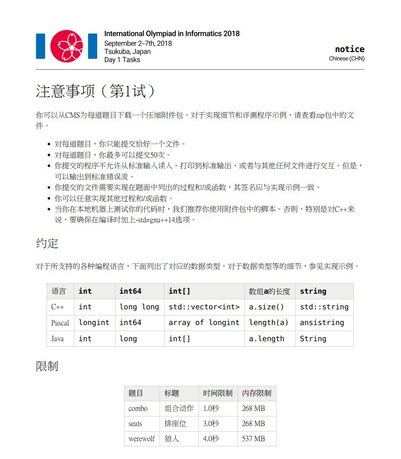 第 30 届国际信息学奥林匹克竞赛（IOI 2018）集锦