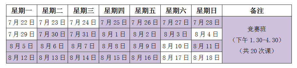 信息学竞赛暑假班各阶段班级开班总览