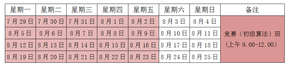 信息学竞赛暑假班各阶段班级开班总览